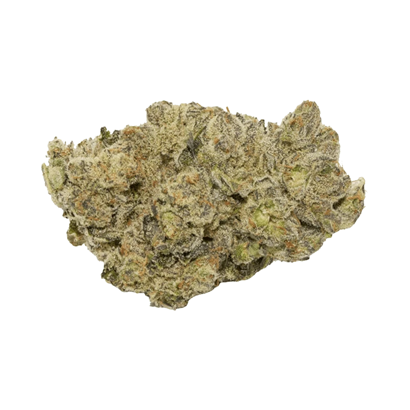 Close-up top-down view of a frosty, green-and-orange BC Selects: Sprits 26 cannabis bud against a plain white background