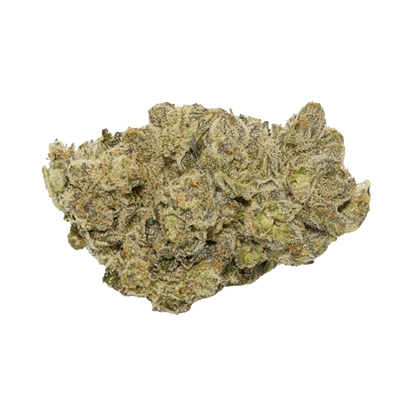 Close-up top-down view of a frosty, green-and-orange BC Selects: Sprits 26 cannabis bud against a plain white background
