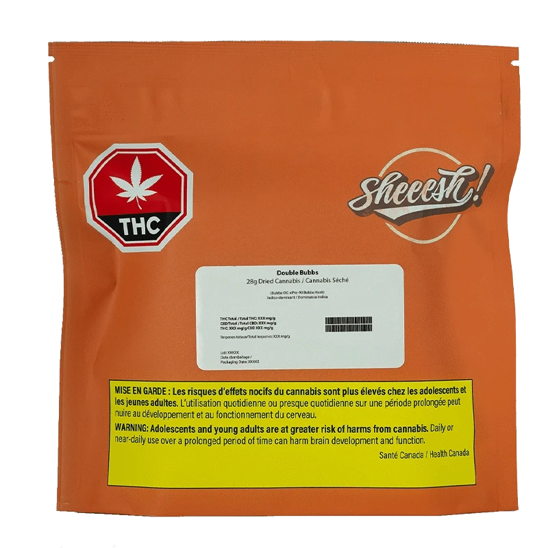 Front-facing orange pouch showing the Double Bubbs brand name on a white label with a THC stop sign and yellow bilingual warning panel.