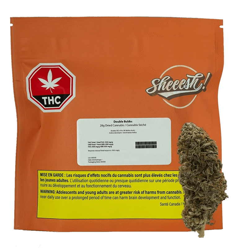 Front-facing orange pouch labeled Double Bubbs with a white product sticker, THC symbol at top left and a loose bud beside the pouch.