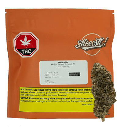 Front-facing orange pouch labeled Double Bubbs with a white product sticker, THC symbol at top left and a loose bud beside the pouch.