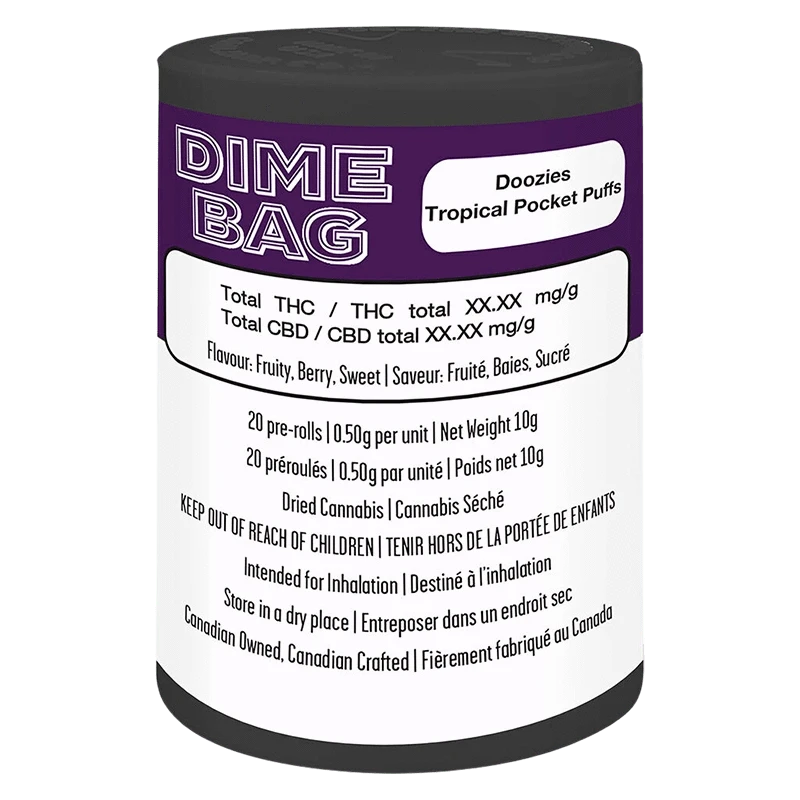 Front view of a cylindrical container labeled Doozies Tropical Pocket Puffs PR 20 x 0.5 g with purple top band and white information panel.