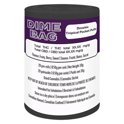 Front view of a cylindrical container labeled Doozies Tropical Pocket Puffs PR 20 x 0.5 g with purple top band and white information panel.