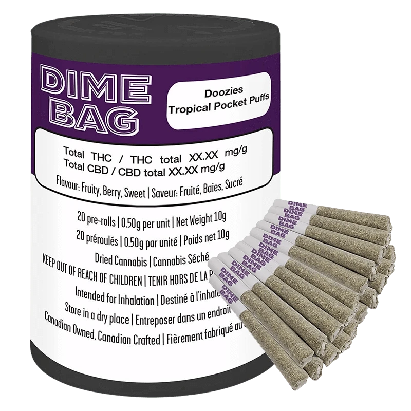 Angled front view of a Dime Bag canister labeled Doozies Tropical Pocket Puffs PR 20 x 0.5 g with a fanned row of pre-rolls beside it.