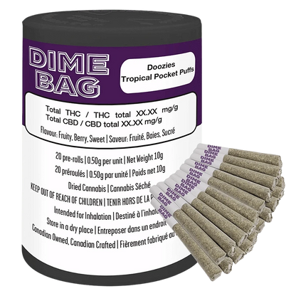 Angled front view of a Dime Bag canister labeled Doozies Tropical Pocket Puffs PR 20 x 0.5 g with a fanned row of pre-rolls beside it.
