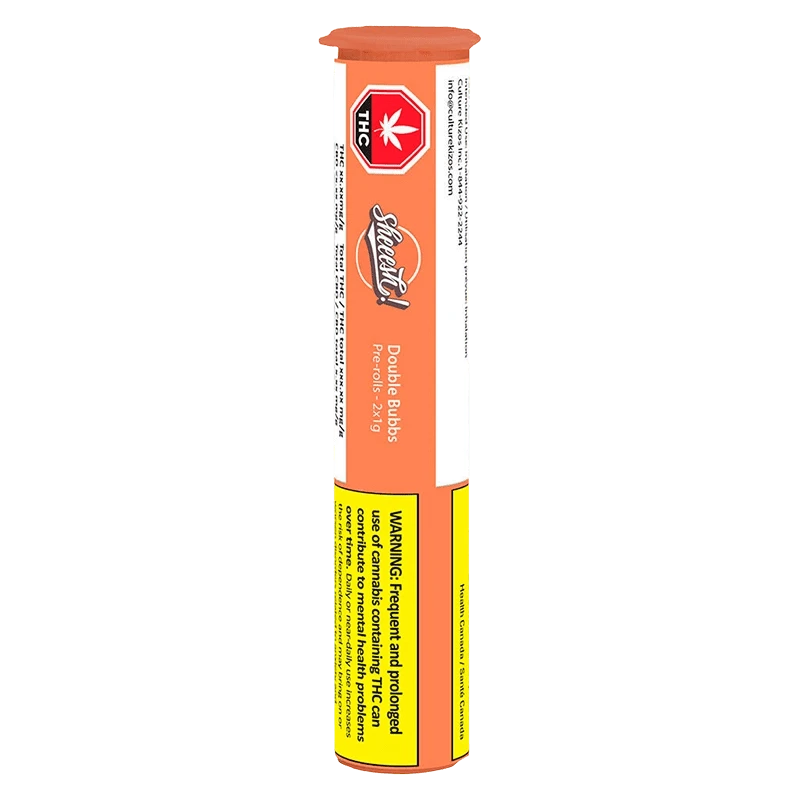 Tall vertical photo of the orange-and-white Double Bubbs PR 2 x 1 g tube, showing its THC symbol and yellow warning label.