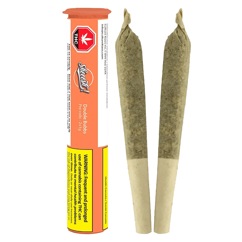 Vertical product shot of the Double Bubbs PR 2 x 1 g showing the orange and white branded tube beside two brown, tightly rolled pre-rolls with twisted tips.