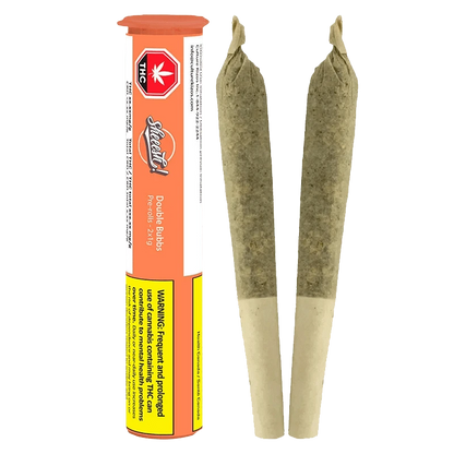 Vertical product shot of the Double Bubbs PR 2 x 1 g showing the orange and white branded tube beside two brown, tightly rolled pre-rolls with twisted tips.