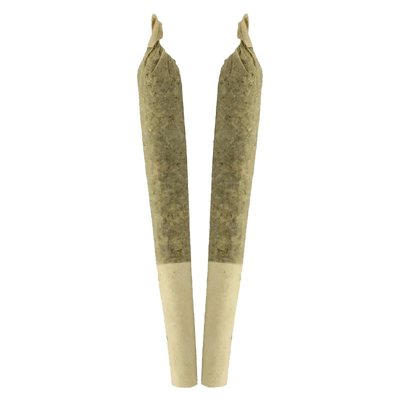 Top-down front view of two rolled joints standing side by side labeled Double Bubbs PR 2 x 1 g, against a transparent background