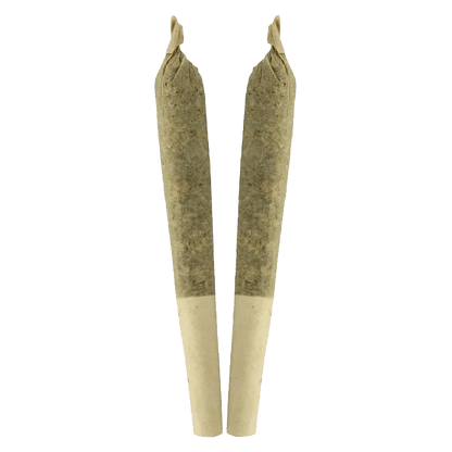Top-down front view of two rolled joints standing side by side labeled Double Bubbs PR 2 x 1 g, against a transparent background