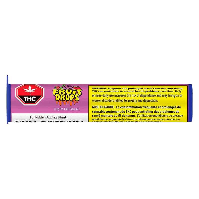 Long horizontal pack photo of the Forbidden Applez Blunt PR 1 x 1 g showing a pink and yellow wrapper with a Fruit Drops logo and THC warning box.