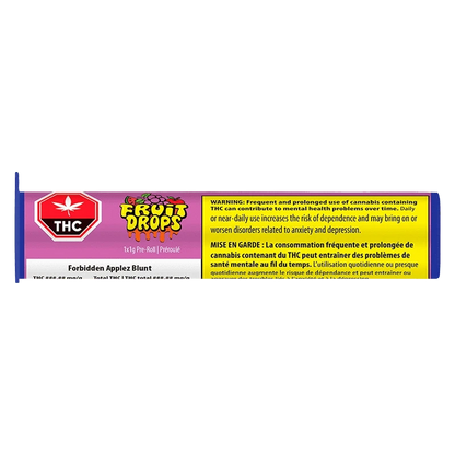 Long horizontal pack photo of the Forbidden Applez Blunt PR 1 x 1 g showing a pink and yellow wrapper with a Fruit Drops logo and THC warning box.
