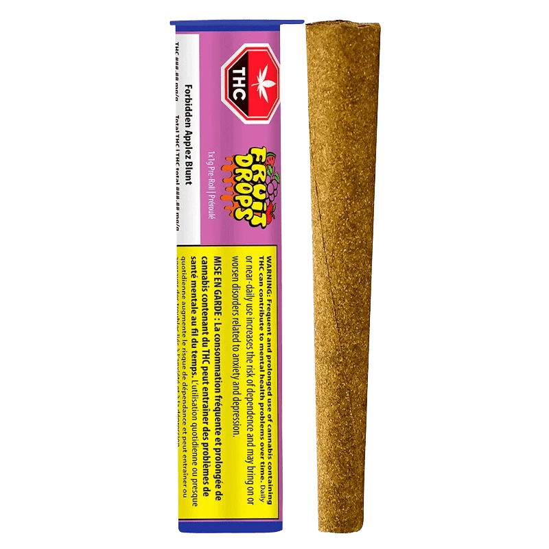 Vertical product shot showing a blunt beside its purple-and-yellow tube packaging labeled Forbidden Applez Blunt PR 1 x 1 g.