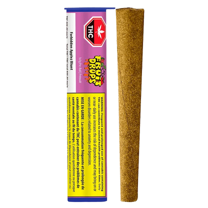 Vertical product shot showing a blunt beside its purple-and-yellow tube packaging labeled Forbidden Applez Blunt PR 1 x 1 g.