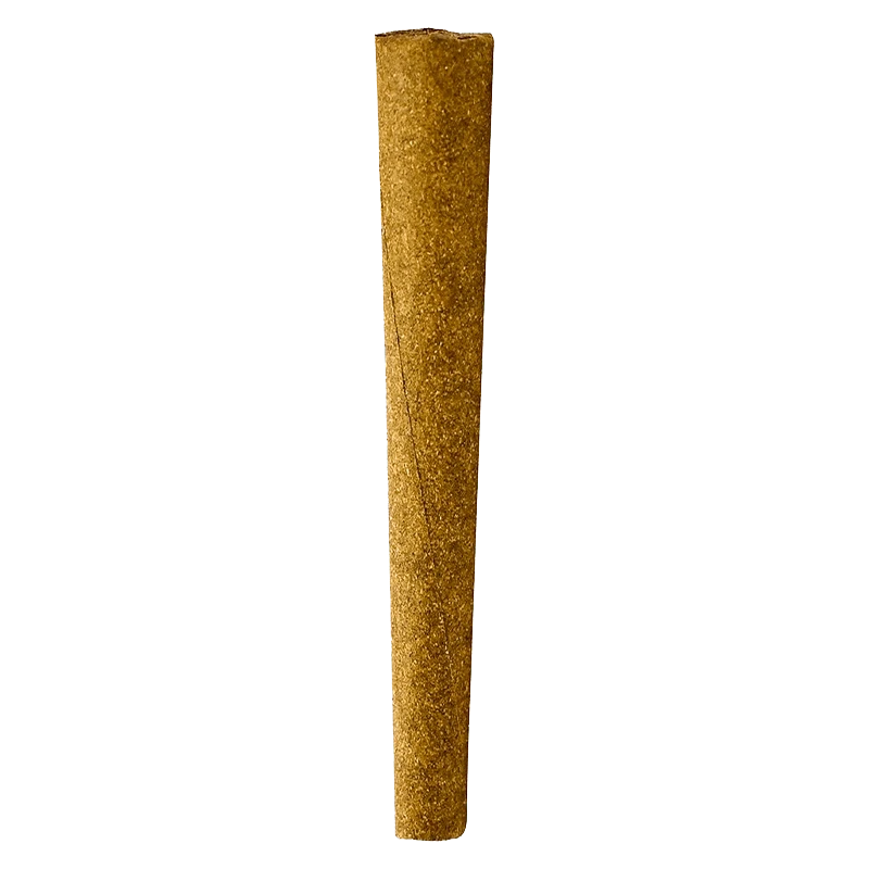 Vertical close-up of a single tapered blunted roll against a neutral background labeled Forbidden Applez Blunt PR 1 x 1 g
