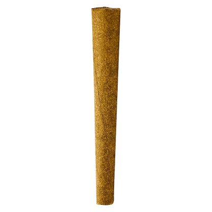 Vertical close-up of a single tapered blunted roll against a neutral background labeled Forbidden Applez Blunt PR 1 x 1 g