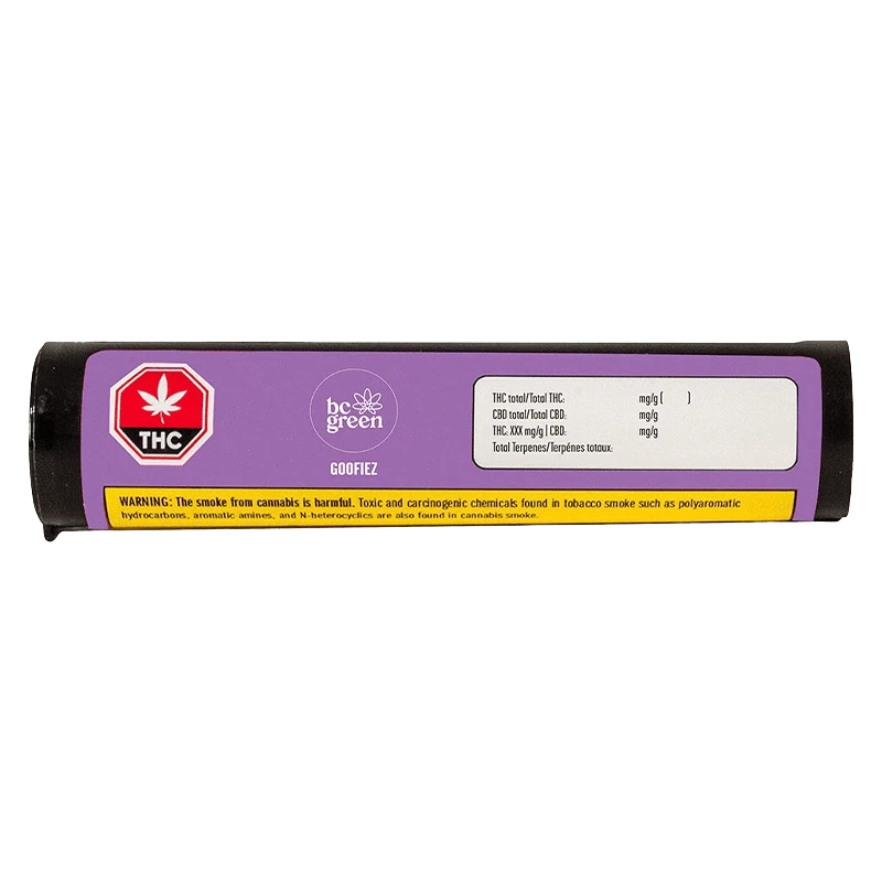 Horizontal close-up of the purple-labeled Goofiez PR 10 x 0.5 g tube showing a THC warning badge and nutritional panel.