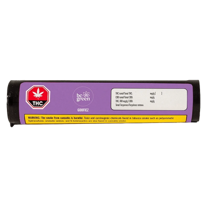 Horizontal close-up of the purple-labeled Goofiez PR 10 x 0.5 g tube showing a THC warning badge and nutritional panel.