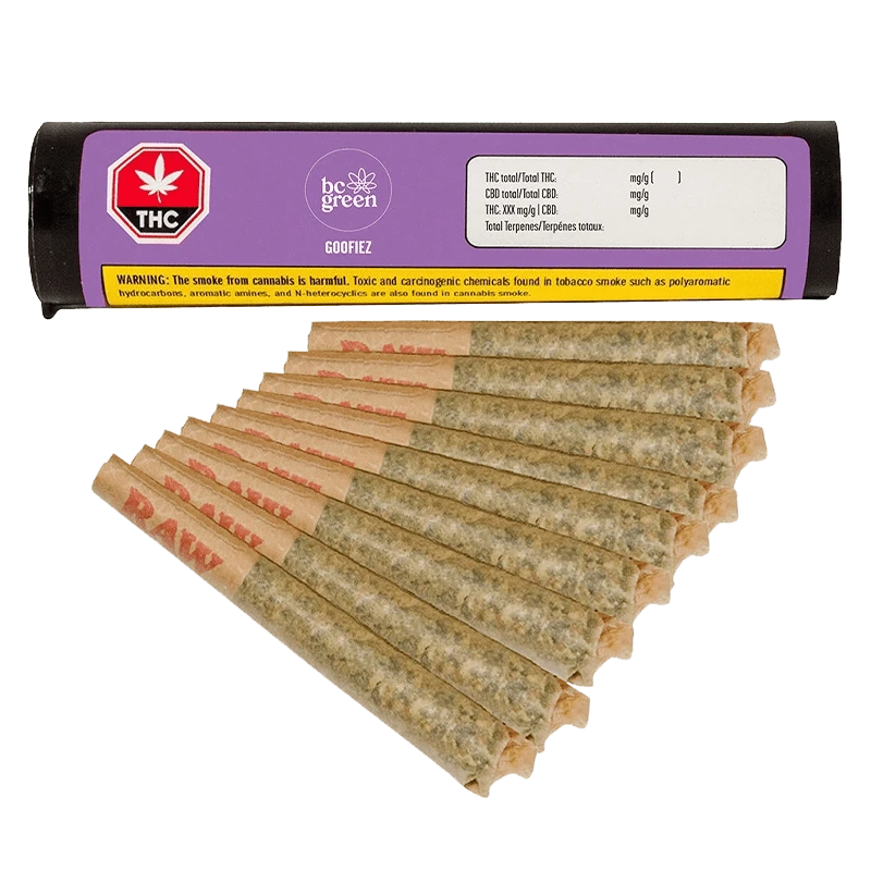Top-down view of a fanned row of pre-rolled joints in front of a purple tube labeled Goofiez PR 10 x 0.5 g.