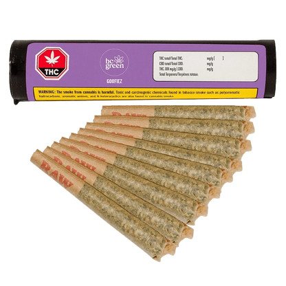 Top-down view of a fanned row of pre-rolled joints in front of a purple tube labeled Goofiez PR 10 x 0.5 g.