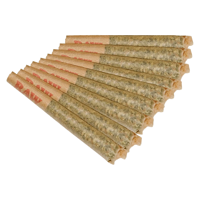 Angled top-down view of a fanned row of Goofiez PR 10 x 0.5 g pre-rolled cones with visible paper tips and packed herb.