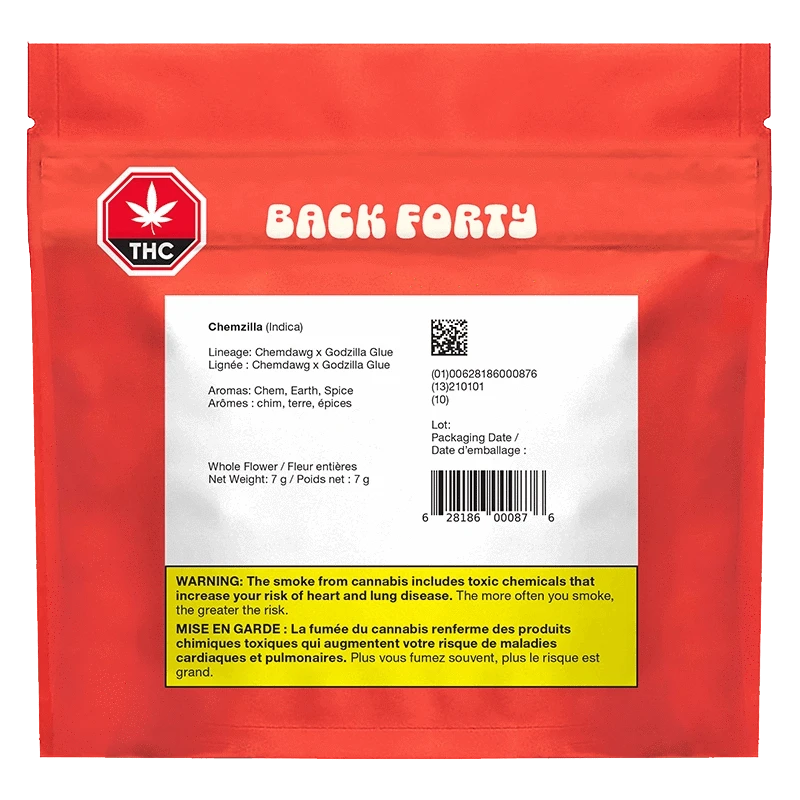 Center-forward view of a red Back Forty pouch with a white product label showing "Chemzilla" strain details and a yellow THC warning.