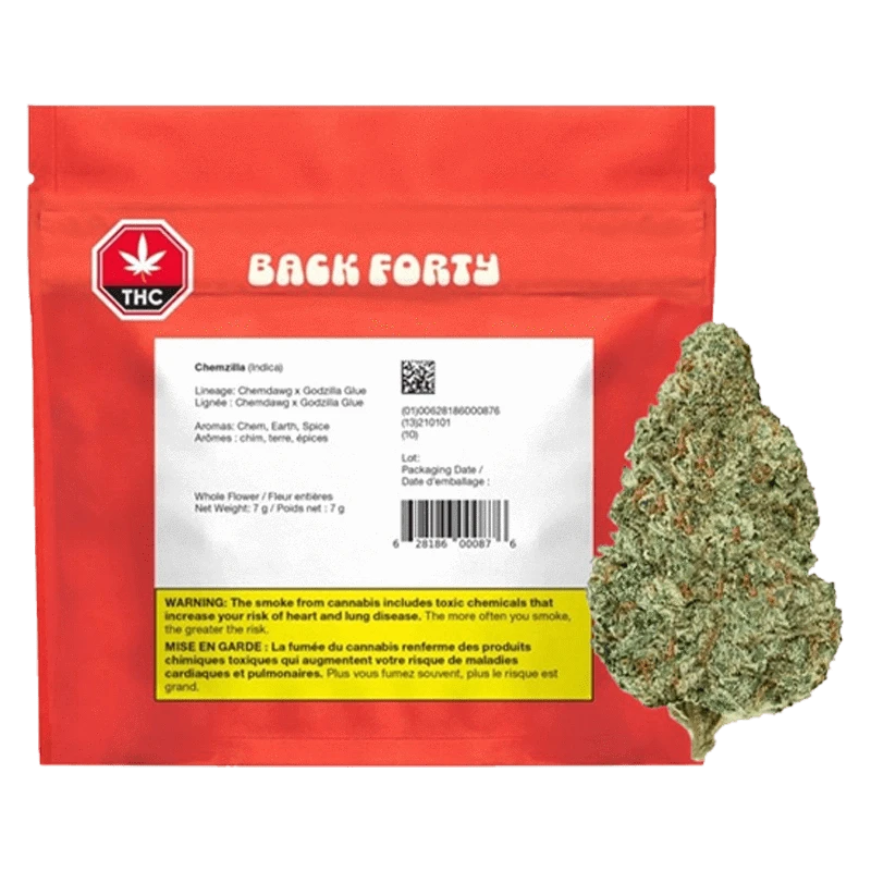 Front-facing shot of a red Back Forty pouch labeled Chemzilla with a white product label and a cannabis bud shown to its right.