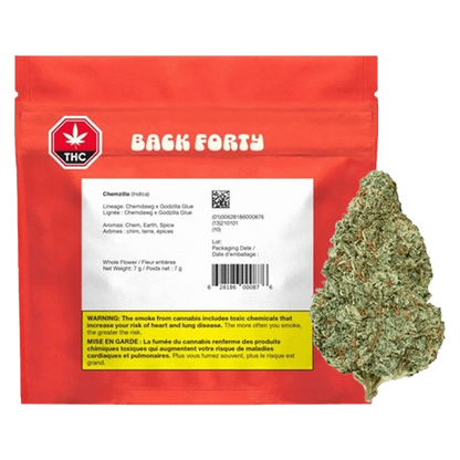 Front-facing shot of a red Back Forty pouch labeled Chemzilla with a white product label and a cannabis bud shown to its right.