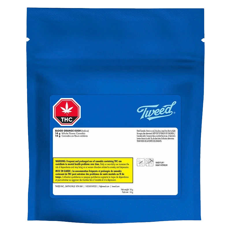 Front-facing shot of a blue resealable pouch labeled "Tweed Blood Orange Kush" with a white product label, red THC emblem, and small warning text.