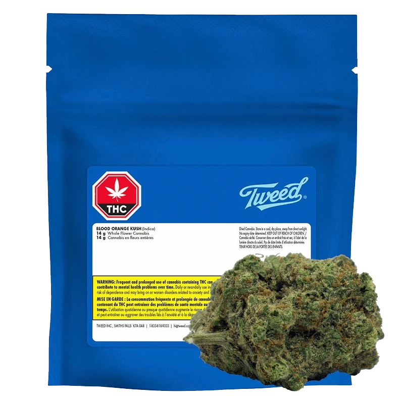 Front-facing shot of a blue foil pouch and a trimmed nug in the foreground labeled "Blood Orange Kush."