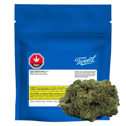 Front-facing shot of a blue foil pouch and a trimmed nug in the foreground labeled "Blood Orange Kush."