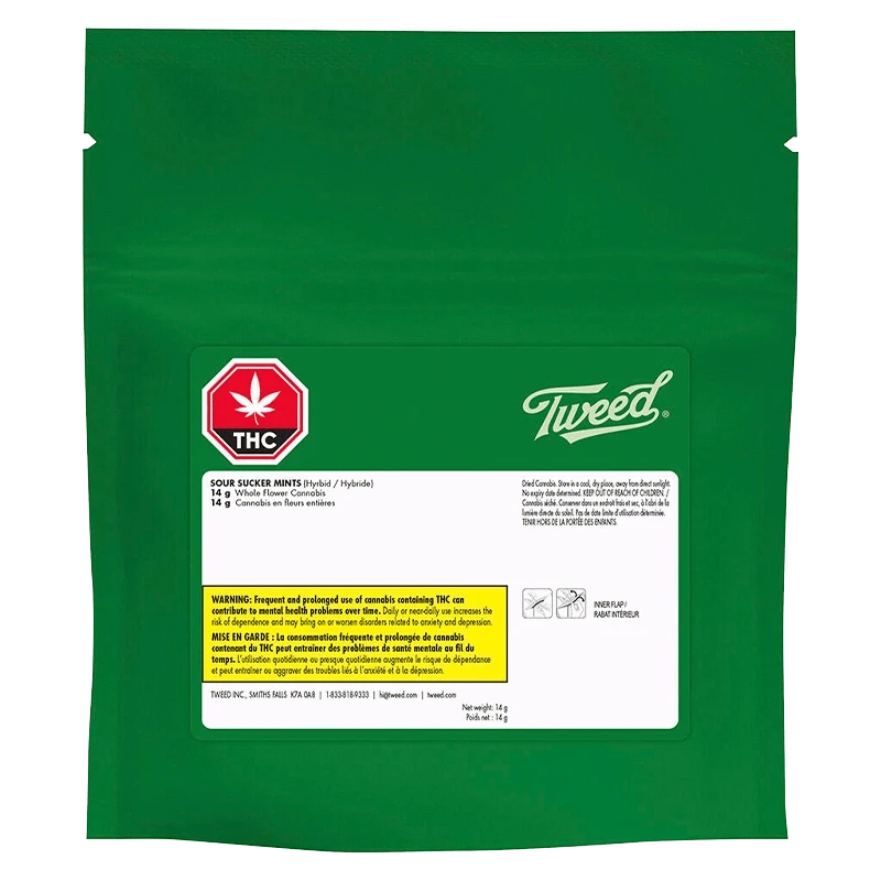 Green resealable pouch photographed straight-on showing the Tweed Sour Sucker Mints label, THC symbol, and warning box centered on the lower half.