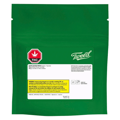 Green resealable pouch photographed straight-on showing the Tweed Sour Sucker Mints label, THC symbol, and warning box centered on the lower half.