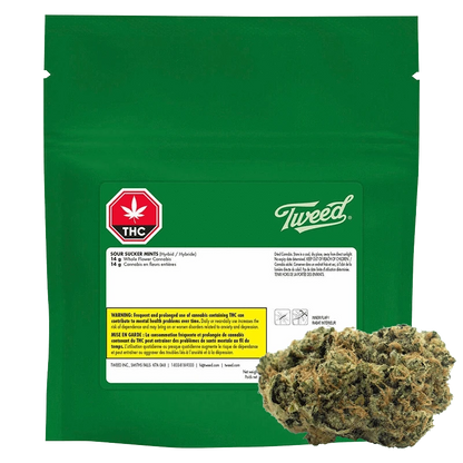 Front-facing green pouch labeled "Tweed Sour Sucker Mints" with a white info panel and a cannabis bud placed at the lower right.