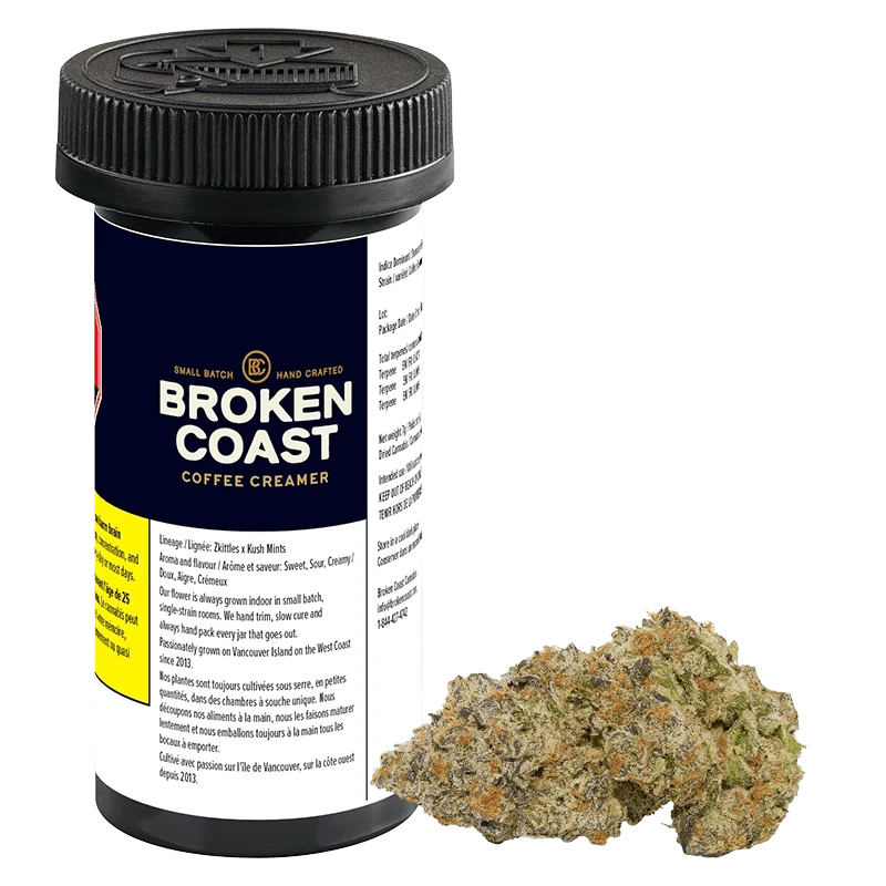 Front-three-quarter view of a black-lidded container and a cannabis bud, labeled Broken Coast Coffee Creamer, on a white background.