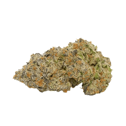 Close-up of a single nugget of Coffee Creamer showing frosty trichomes, orange pistils, and green leaf details against a plain background