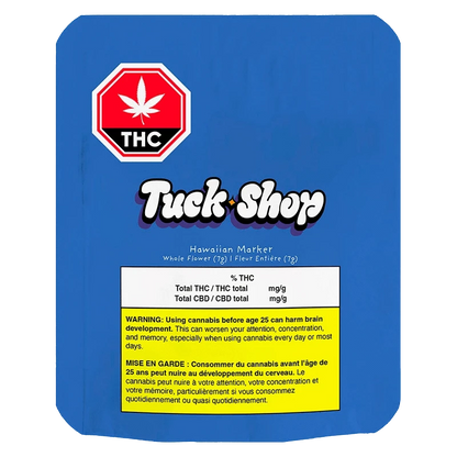 Front-facing blue pouch labeled "Truck Shop" with a red THC octagon and the text Hawaiian Marker above a nutritional panel and yellow warning box.
