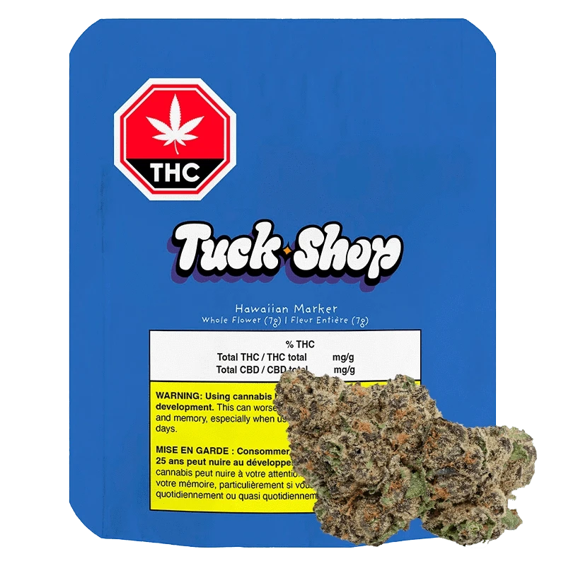 Front-facing shot of the blue Truck Shop Hawaiian Marker pouch with a THC octagon label and cannabis bud resting at the lower right.