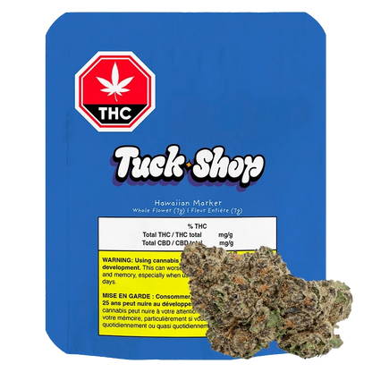 Front-facing shot of the blue Truck Shop Hawaiian Marker pouch with a THC octagon label and cannabis bud resting at the lower right.