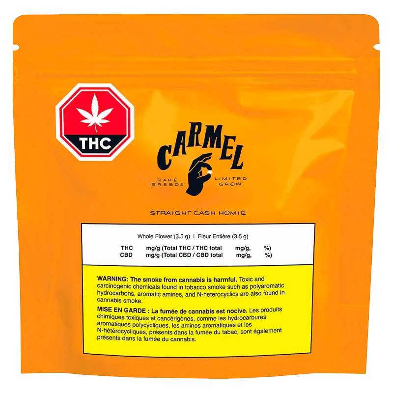 Front-facing shot of the bright orange Carmel Straight Cash Homie pouch with a THC symbol and a white warning panel at the bottom
