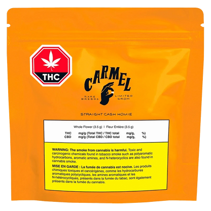 Front-facing shot of the bright orange Carmel Straight Cash Homie pouch with a THC symbol and a white warning panel at the bottom