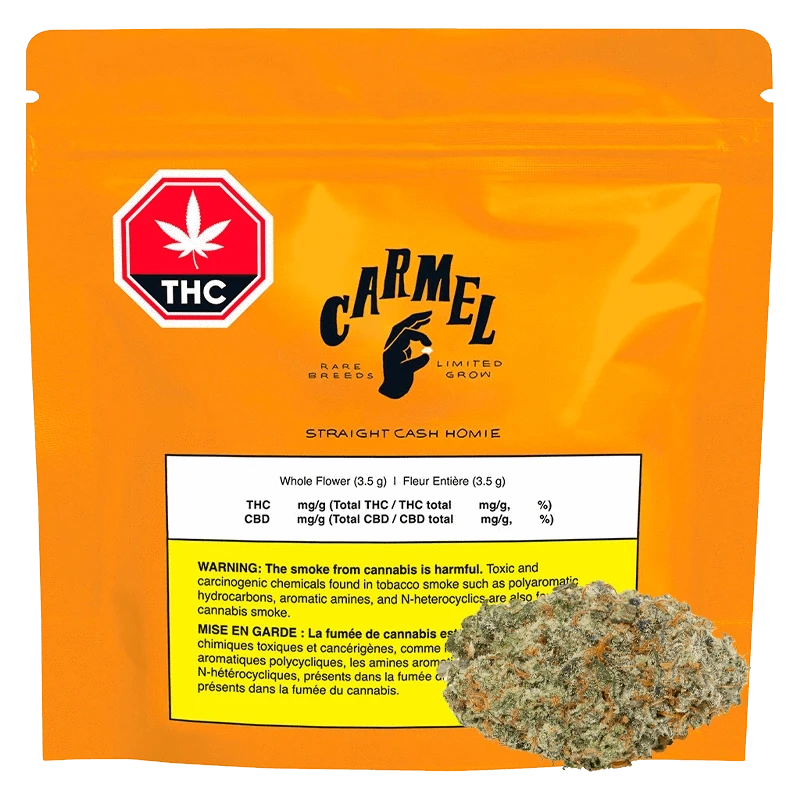 Front-facing shot of an orange pouch labeled Carmel Straight Cash Homie with a THC symbol and a 3.5 g white warning panel, a bud overlapping the lower right.