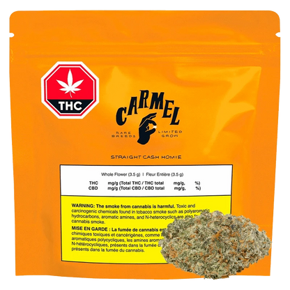 Front-facing shot of an orange pouch labeled Carmel Straight Cash Homie with a THC symbol and a 3.5 g white warning panel, a bud overlapping the lower right.