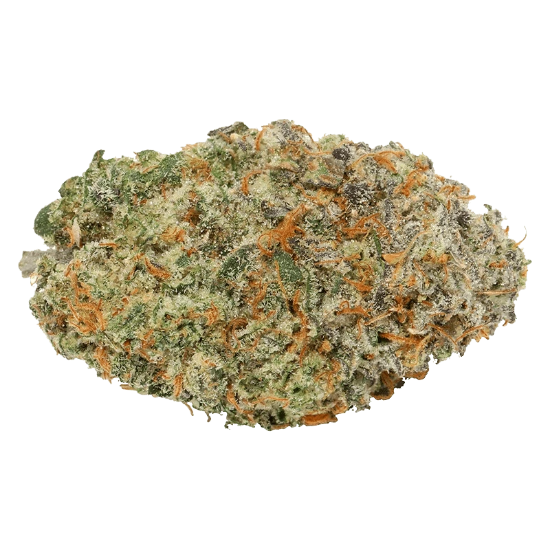 Close-up of a frosty, green-and-orange bud of Straight Cash Homie against a plain white background, shot from above.
