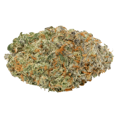Close-up of a frosty, green-and-orange bud of Straight Cash Homie against a plain white background, shot from above.