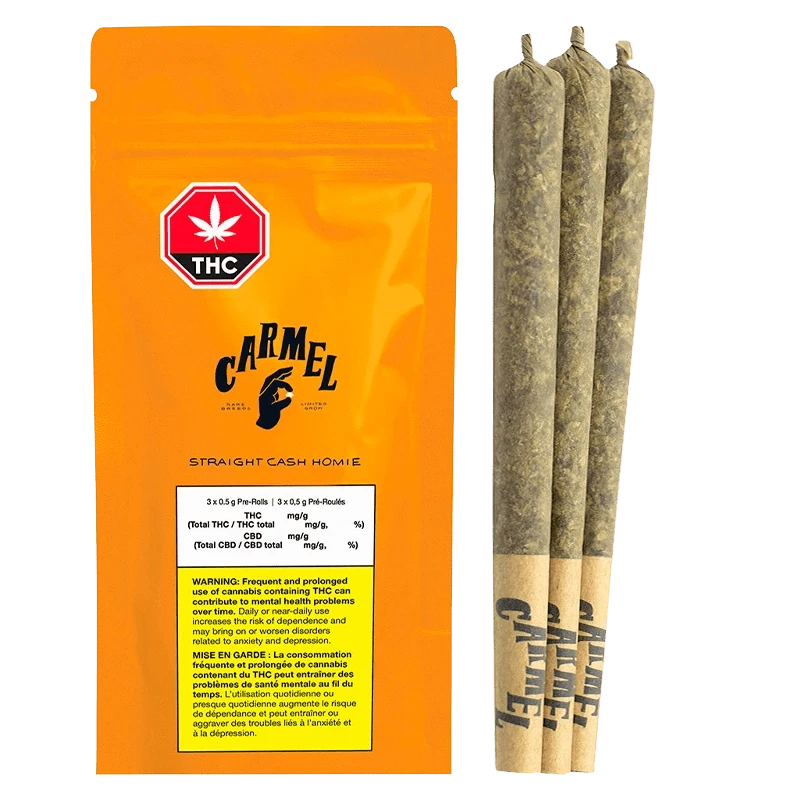 Three pre-rolled joints standing upright beside an orange pouch of Straight Cash Homie PR 3 x 0.5 g with bold black logo and THC warning label.