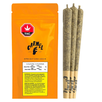 Three pre-rolled joints standing upright beside an orange pouch of Straight Cash Homie PR 3 x 0.5 g with bold black logo and THC warning label.