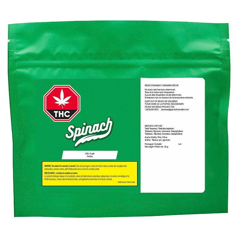 Flat front view of the green Spinach OG Kush pouch with a white info panel, red THC symbol, and yellow warning box.