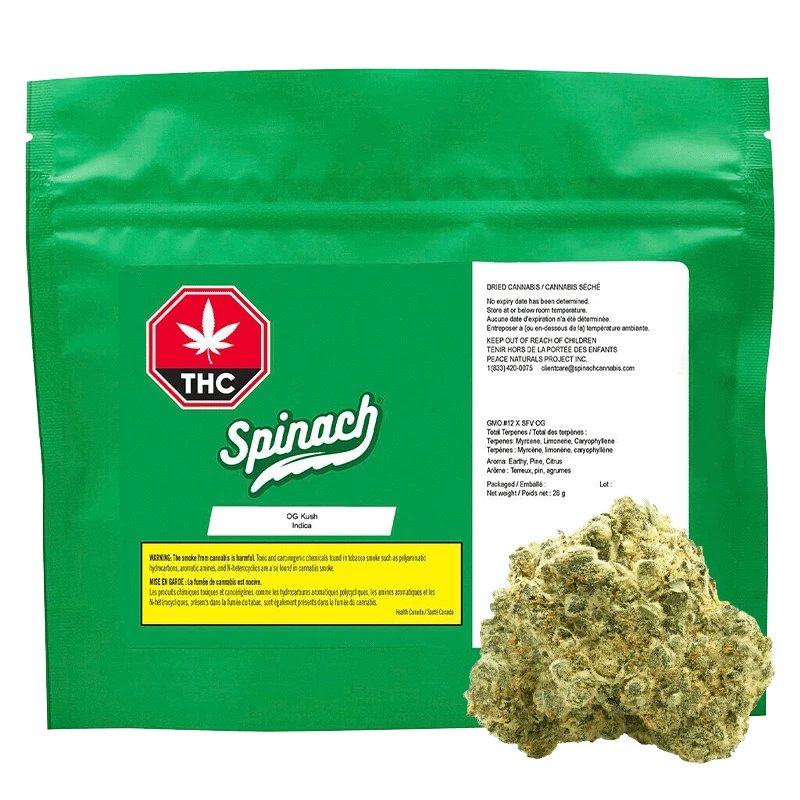 Front-facing shot of a green Spinach OG Kush pouch with THC symbol and a cannabis bud at the lower right.