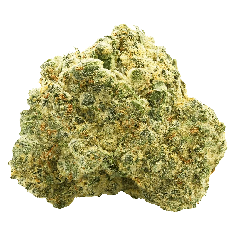 Close-up frontal view of a dense, frosty OG Kush cannabis bud showing green and amber hairs and crystalline trichomes.